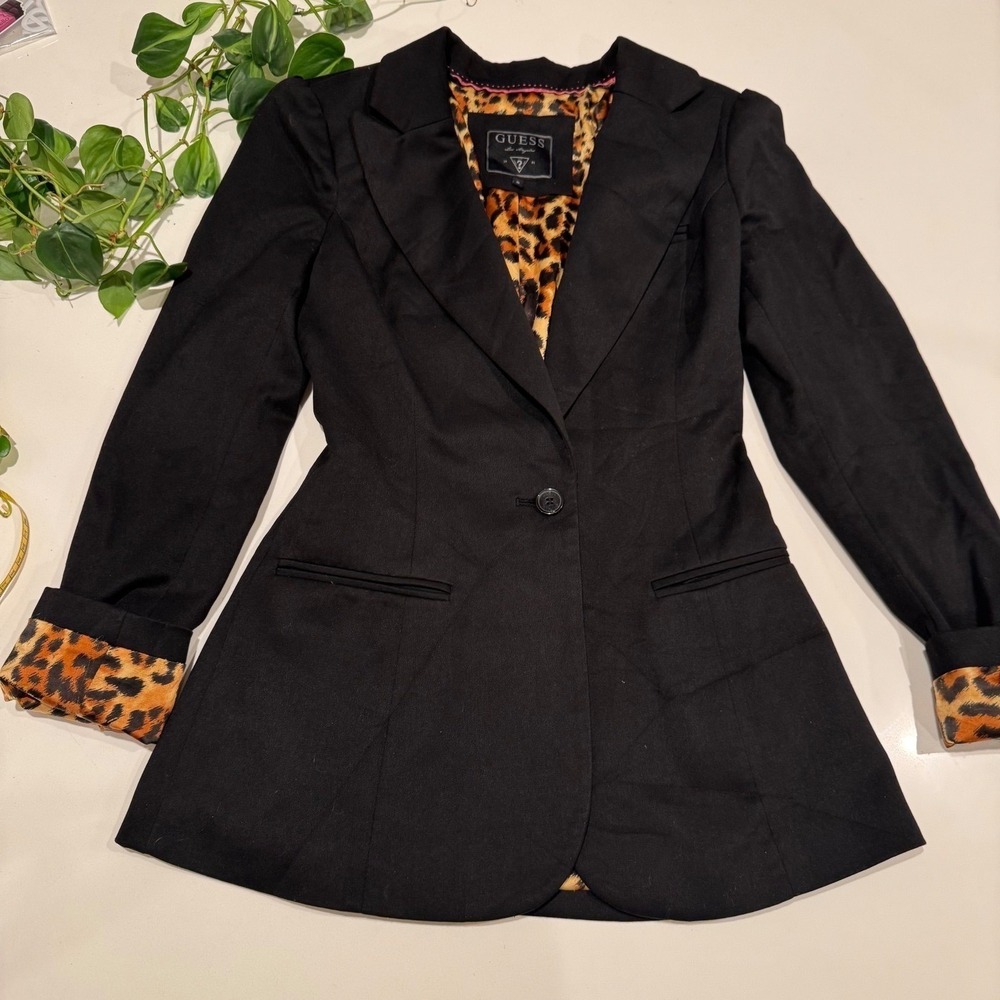 Black‎ Tailored Blazer Leopard Lined Y2K Jacket S by Guess